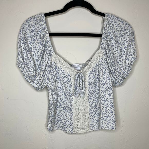Sienna Sky Blue Calico Print Jersey Puff Sleeve Crop Top Sz Large - Picture 5 of 7
